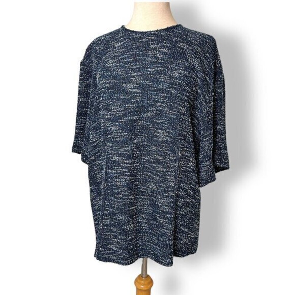 Carlisle Per Se Blue Textured Crew Neck Short Sleeve Tunic Sz L Nubby Tweed